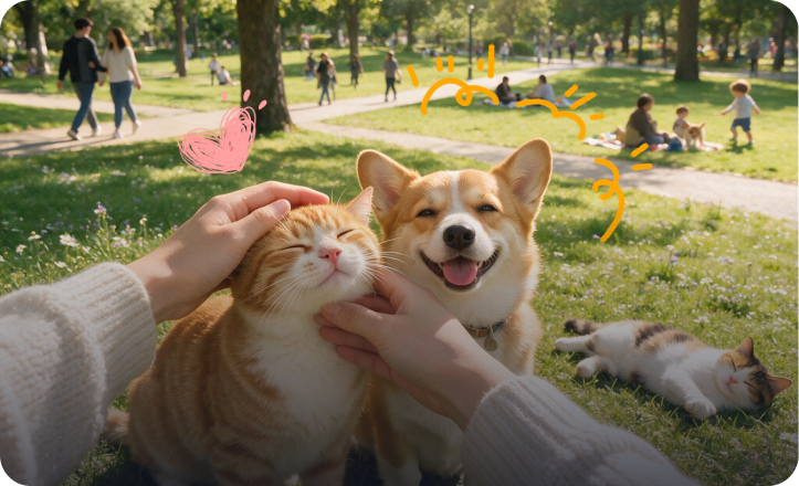 在公园里轻抚猫狗的第一视角画面